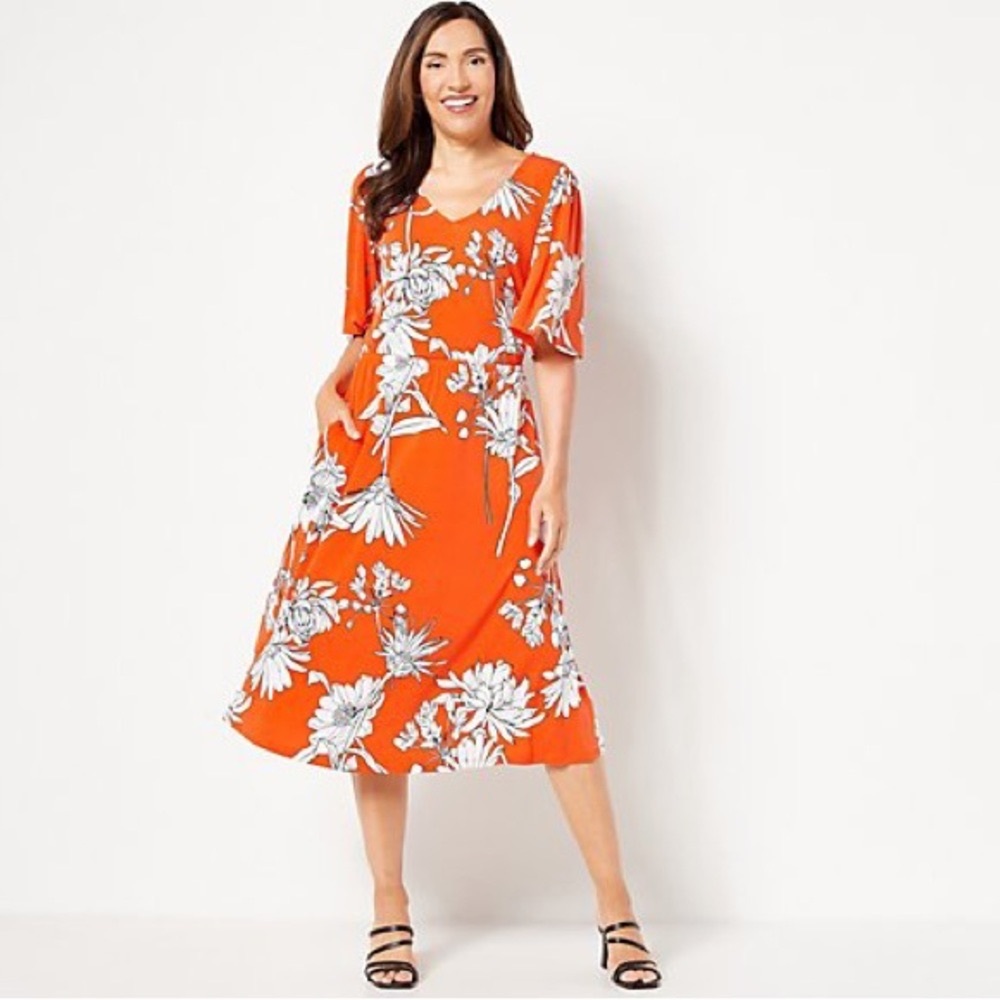Girl With Curves Dress Sz L Orange/White Floral Flutter Sleeves Maxi V-Neck